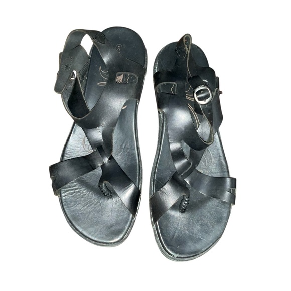 Keen Sandals Drum Alman Black Leather Ankle Strap Toe Post Shoes Woman’s - Picture 1 of 2